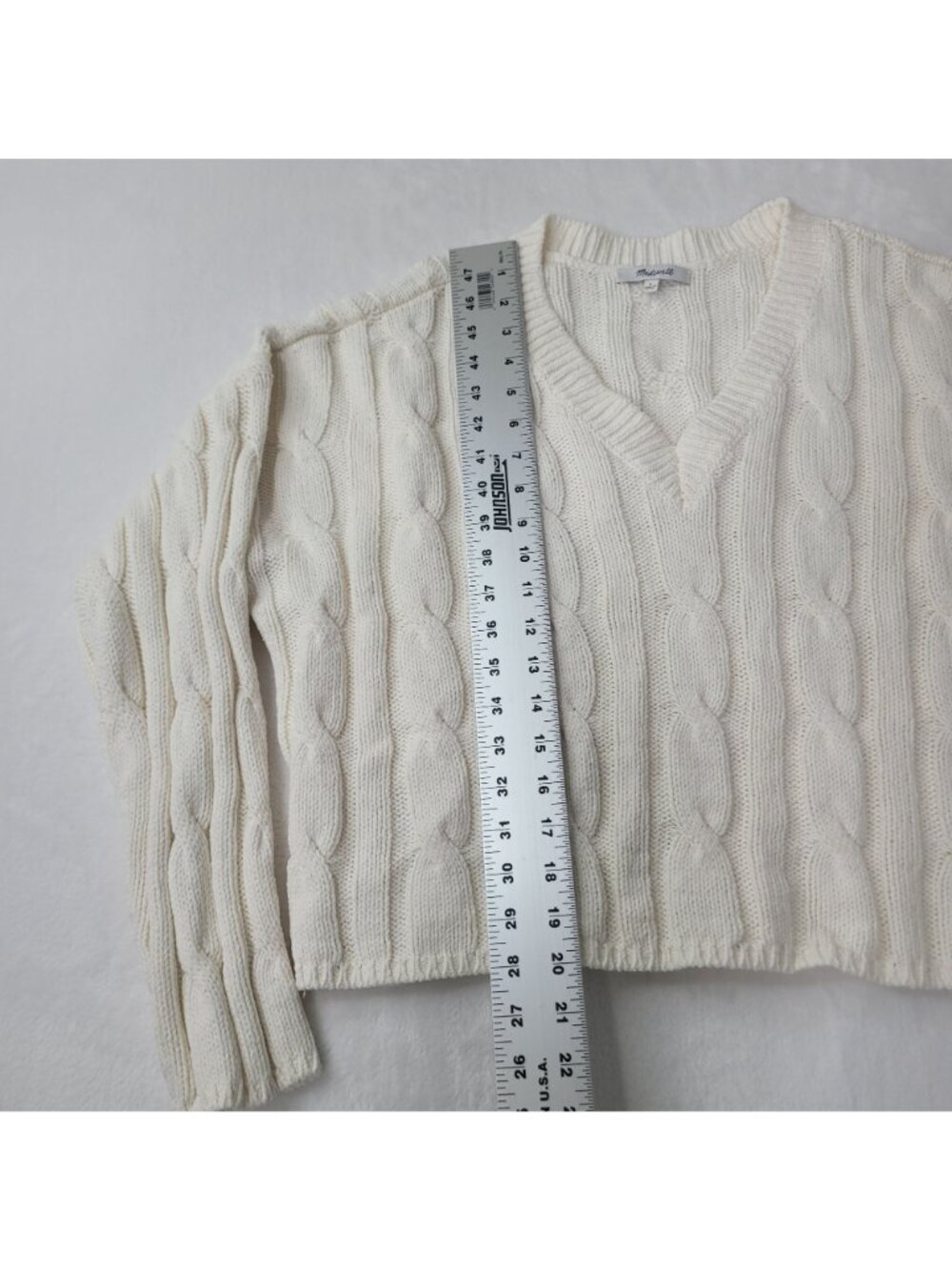 Madewell Women's Cream Cable Knit V-Neck Sweater Size L - Picture 3 of 8